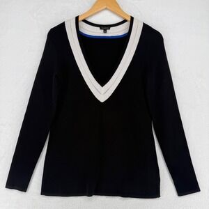 Talbots Black V-Neck Sweater Womens Size S Chevron Trim Long Sleeve Preppy EUC